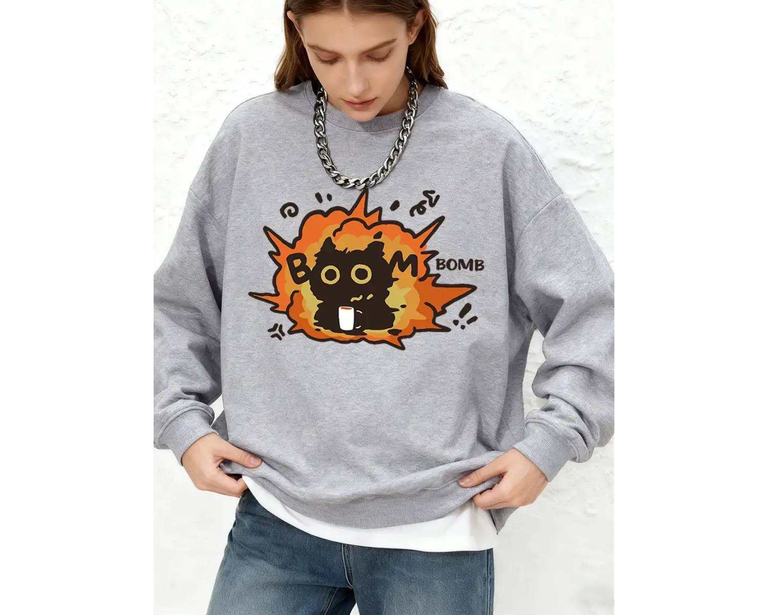 Bomb Boom Kedi Baskı Kapüşonlular Bayan Kış Bisiklet Yaka Büyük Boy Tişörtü Rahat Sıcak Uzun