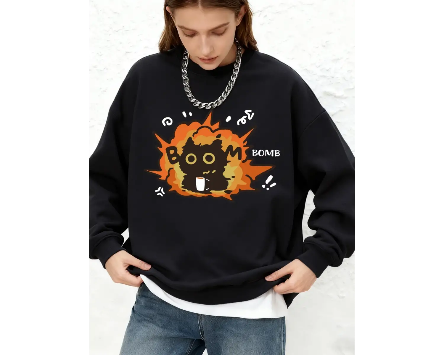 Bomb Boom Kedi Baskı Kapüşonlular Bayan Kış Bisiklet Yaka Büyük Boy Tişörtü Rahat Sıcak Uzun