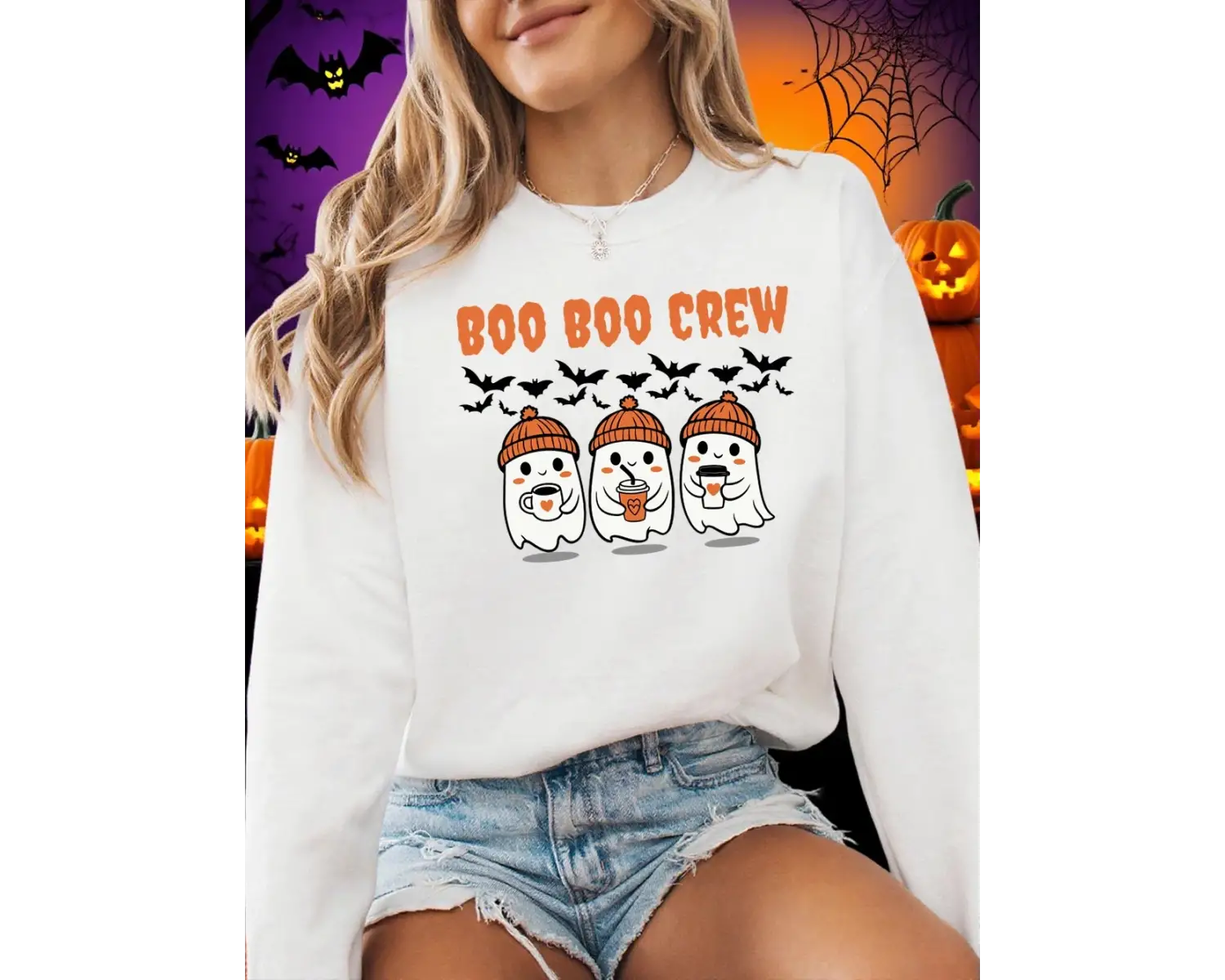 Boo Boo Crew Hayalet Baskılar Cadılar Bayramı Kazak Kadın Kış Polar Sıcak Hoodies Crewneck Ge