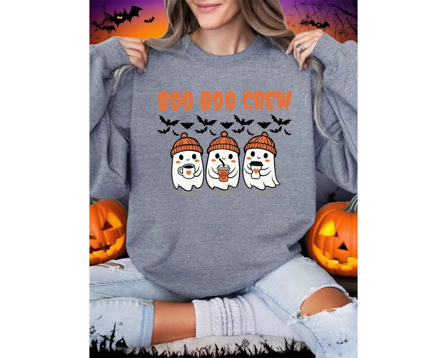 Boo Boo Crew Hayalet Baskılar Cadılar Bayramı Kazak Kadın Kış Polar Sıcak Hoodies Crewneck Ge