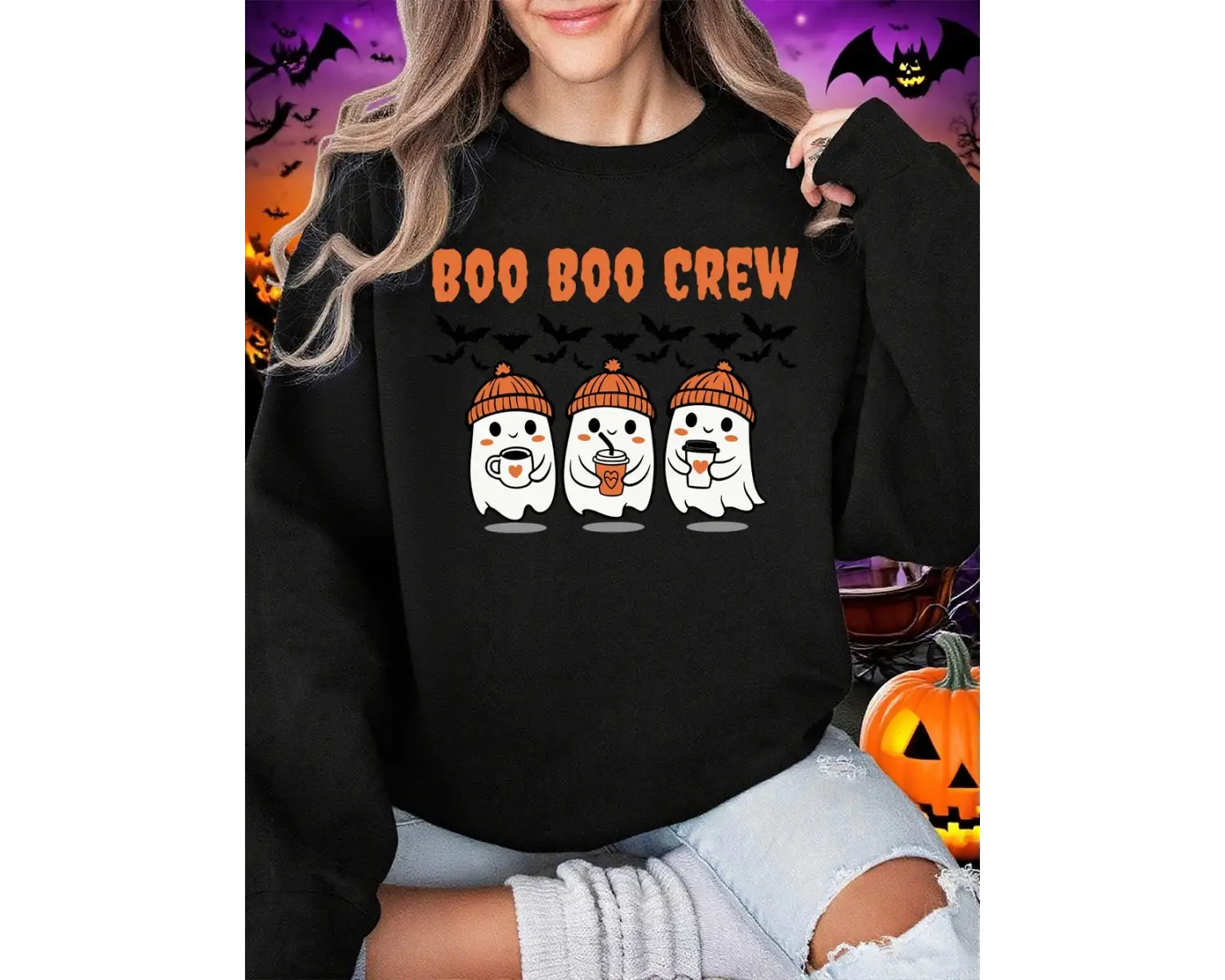 Boo Boo Crew Hayalet Baskılar Cadılar Bayramı Kazak Kadın Kış Polar Sıcak Hoodies Crewneck Ge