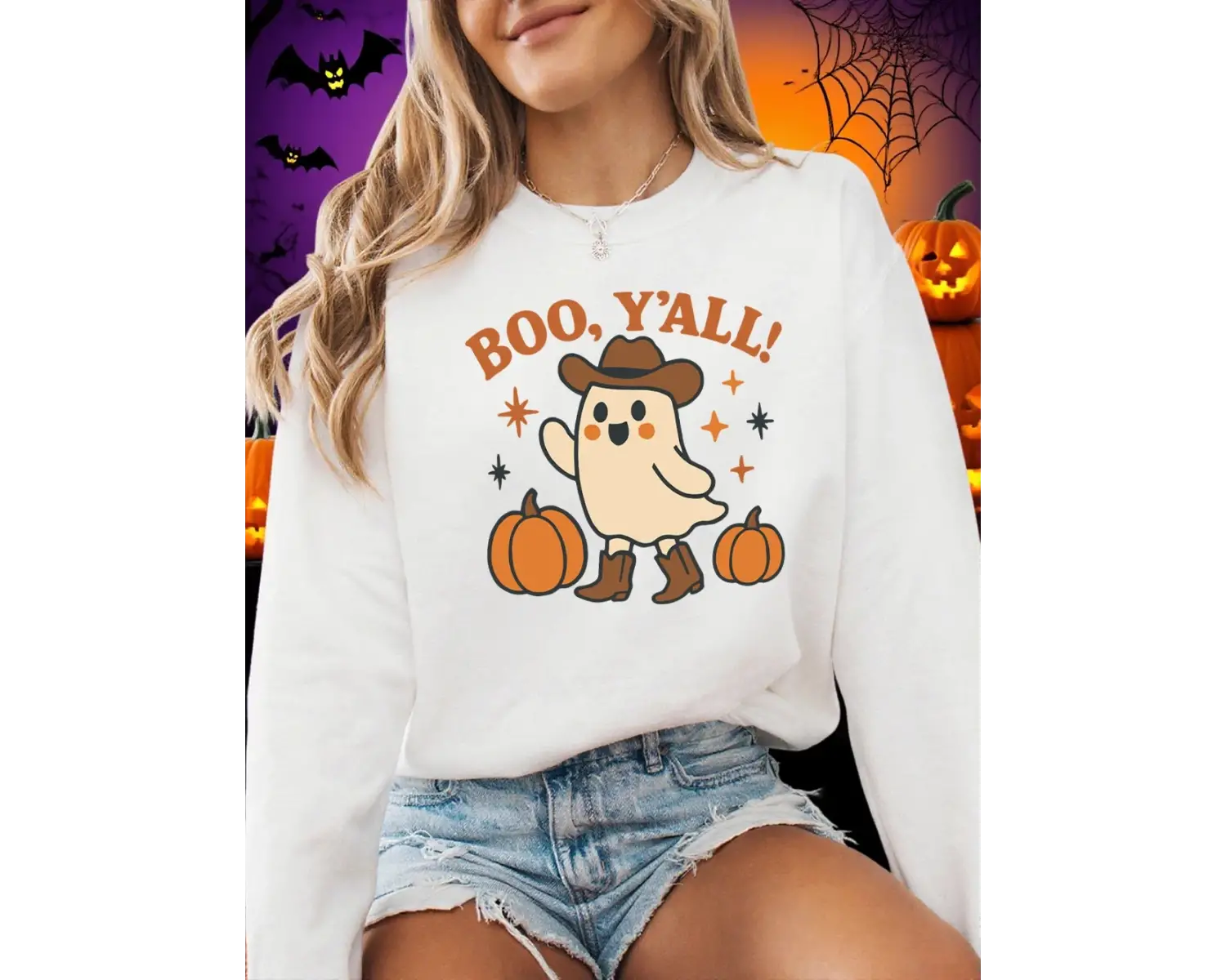 Boo, YAll Sevimli Hayalet Baskı Cadılar Bayramı Kazak Kadın Kış Polar Sıcak Hoodie Crewneck