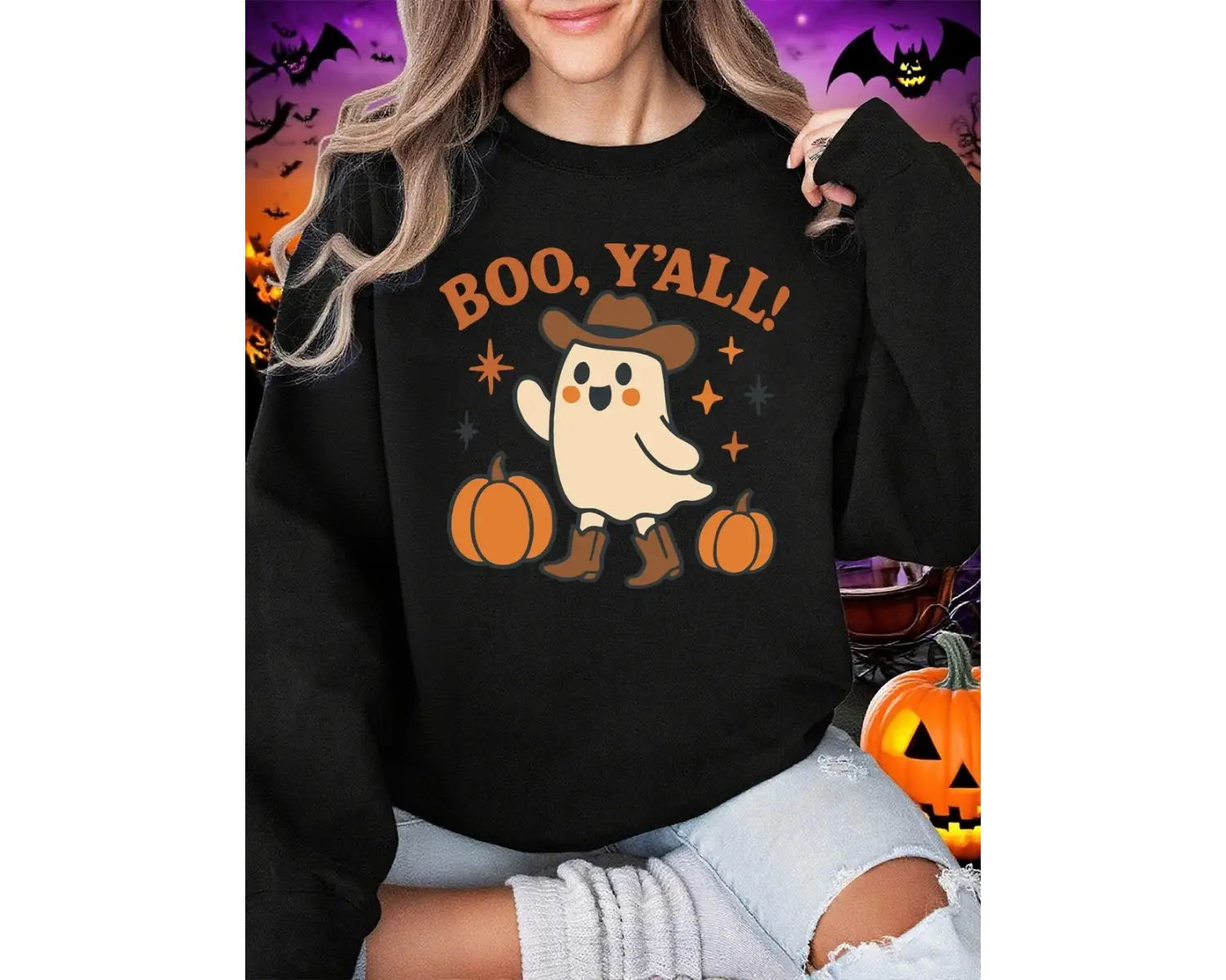 Boo, YAll Sevimli Hayalet Baskı Cadılar Bayramı Kazak Kadın Kış Polar Sıcak Hoodie Crewneck