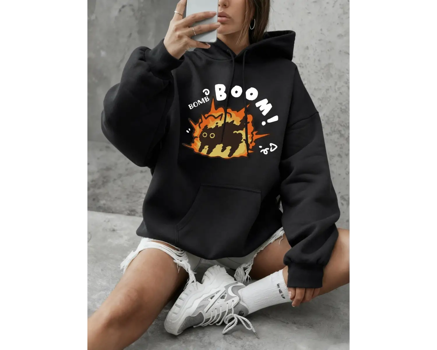 Boom Cat Karikatür Baskılı Kapüşonlu Üstler Kadınlar İçin Kışlık Polar Sıcak Sweatshirtler Ba