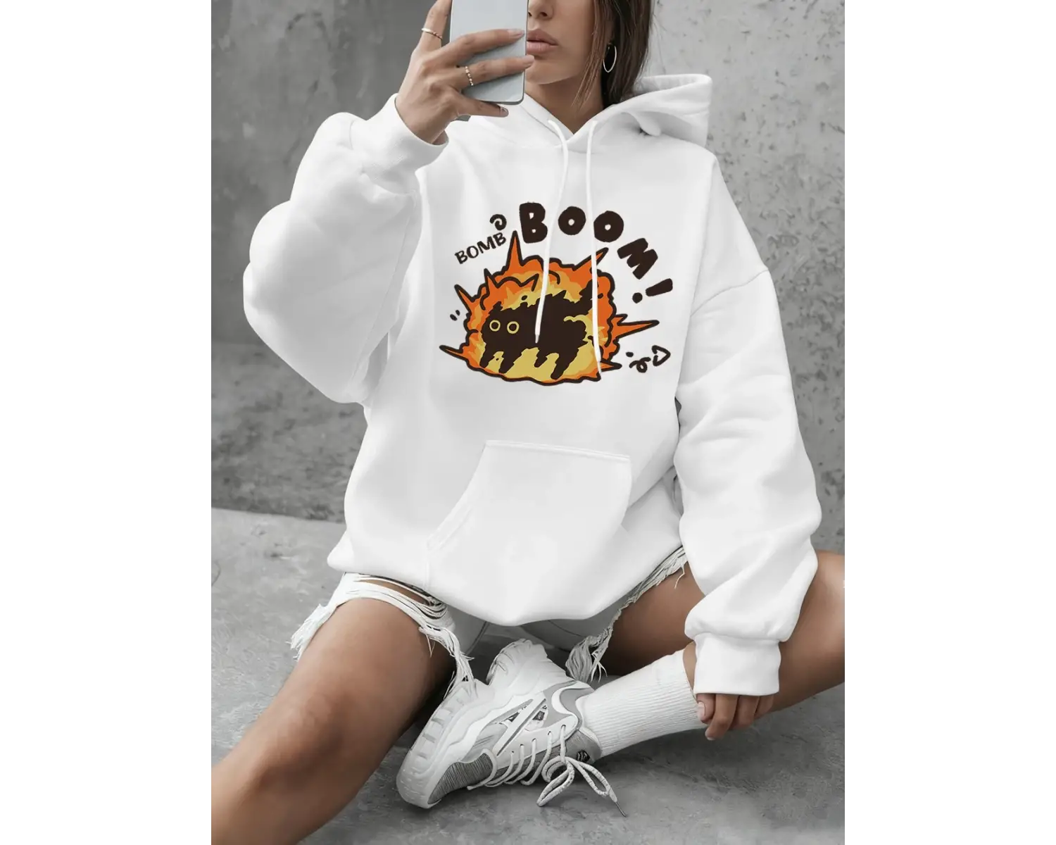 Boom Cat Karikatür Baskılı Kapüşonlu Üstler Kadınlar İçin Kışlık Polar Sıcak Sweatshirtler Ba