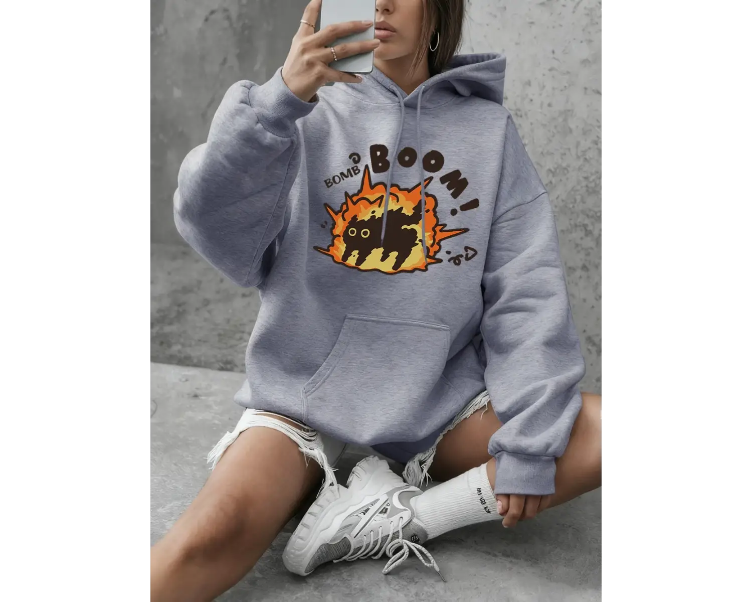 Boom Cat Karikatür Baskılı Kapüşonlu Üstler Kadınlar İçin Kışlık Polar Sıcak Sweatshirtler Ba