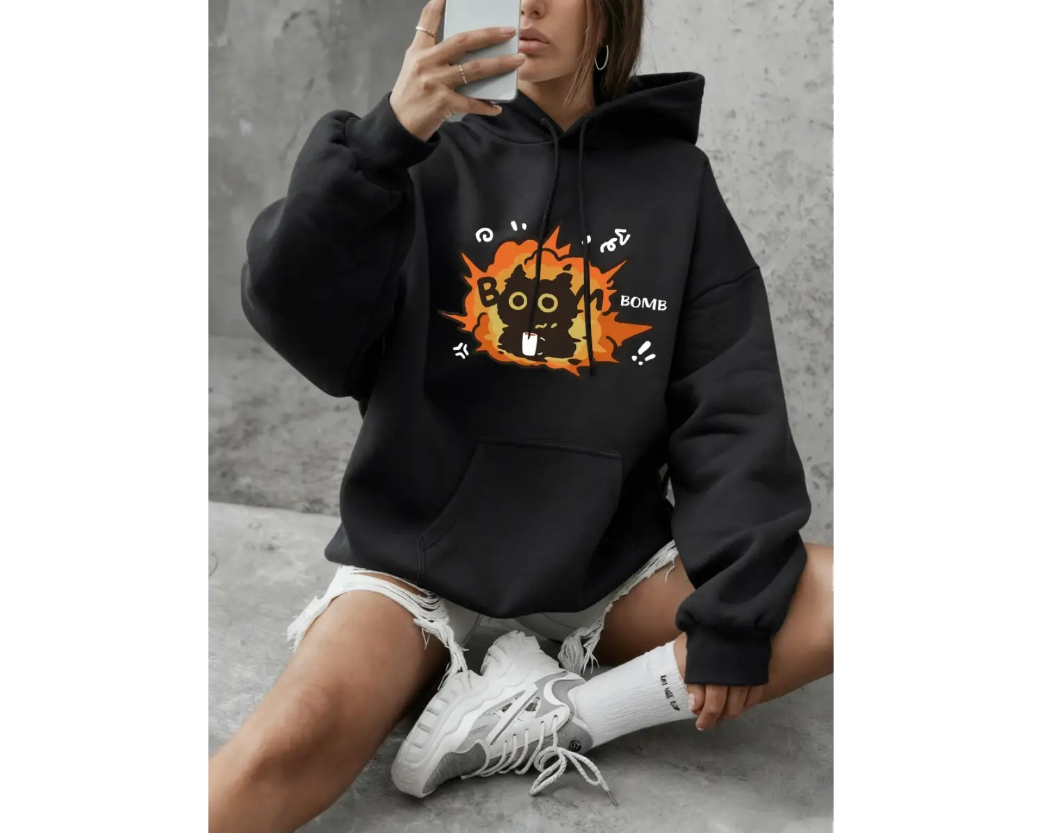 Boom Cat Karikatür Baskılı Sweatshirtler Kadınlar İçin Basic Yuvarlak Yaka Kapüşonlu Üstler G