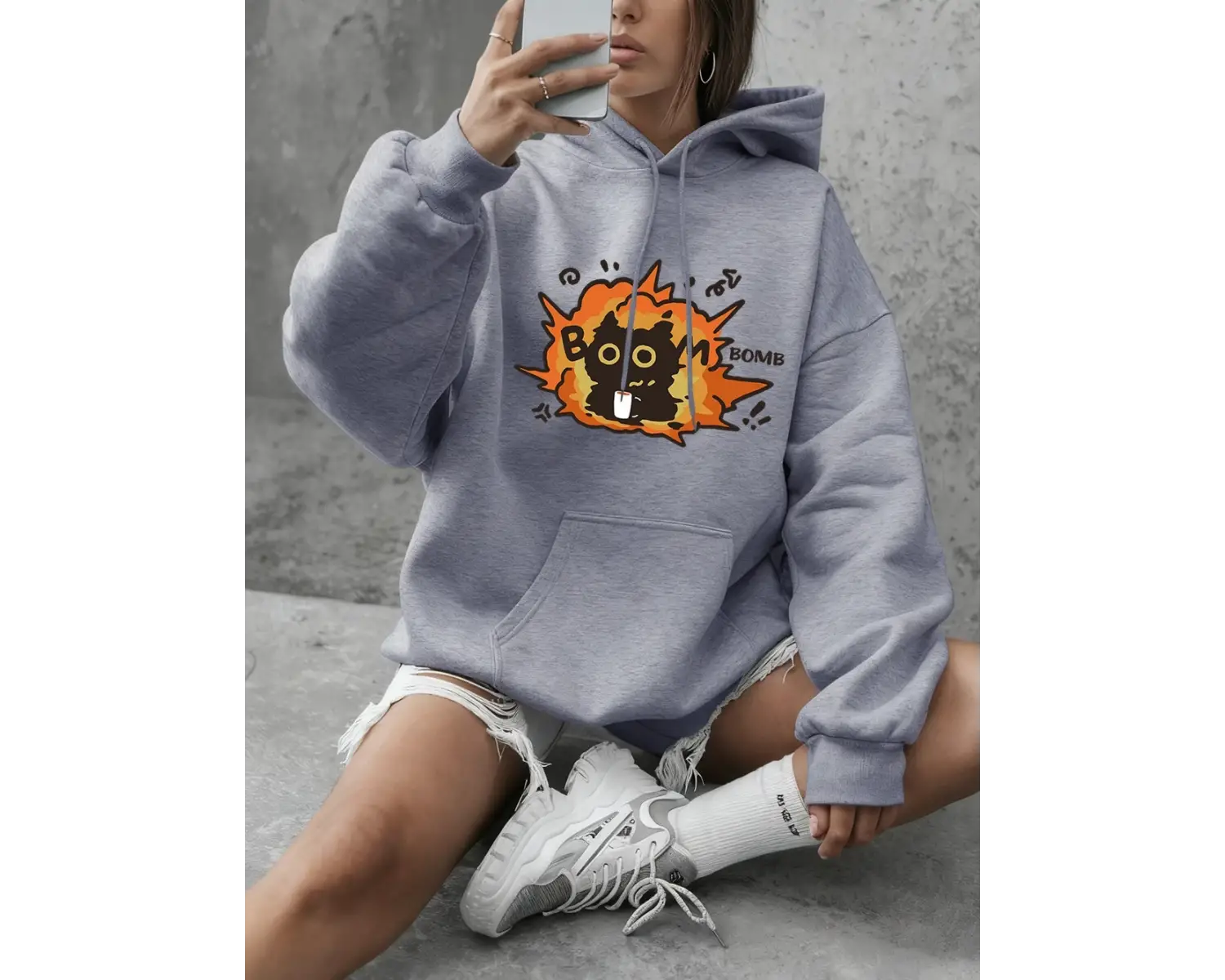 Boom Cat Karikatür Baskılı Sweatshirtler Kadınlar İçin Basic Yuvarlak Yaka Kapüşonlu Üstler G