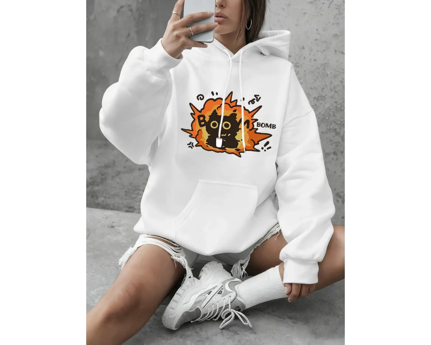 Boom Cat Karikatür Baskılı Sweatshirtler Kadınlar İçin Basic Yuvarlak Yaka Kapüşonlu Üstler G