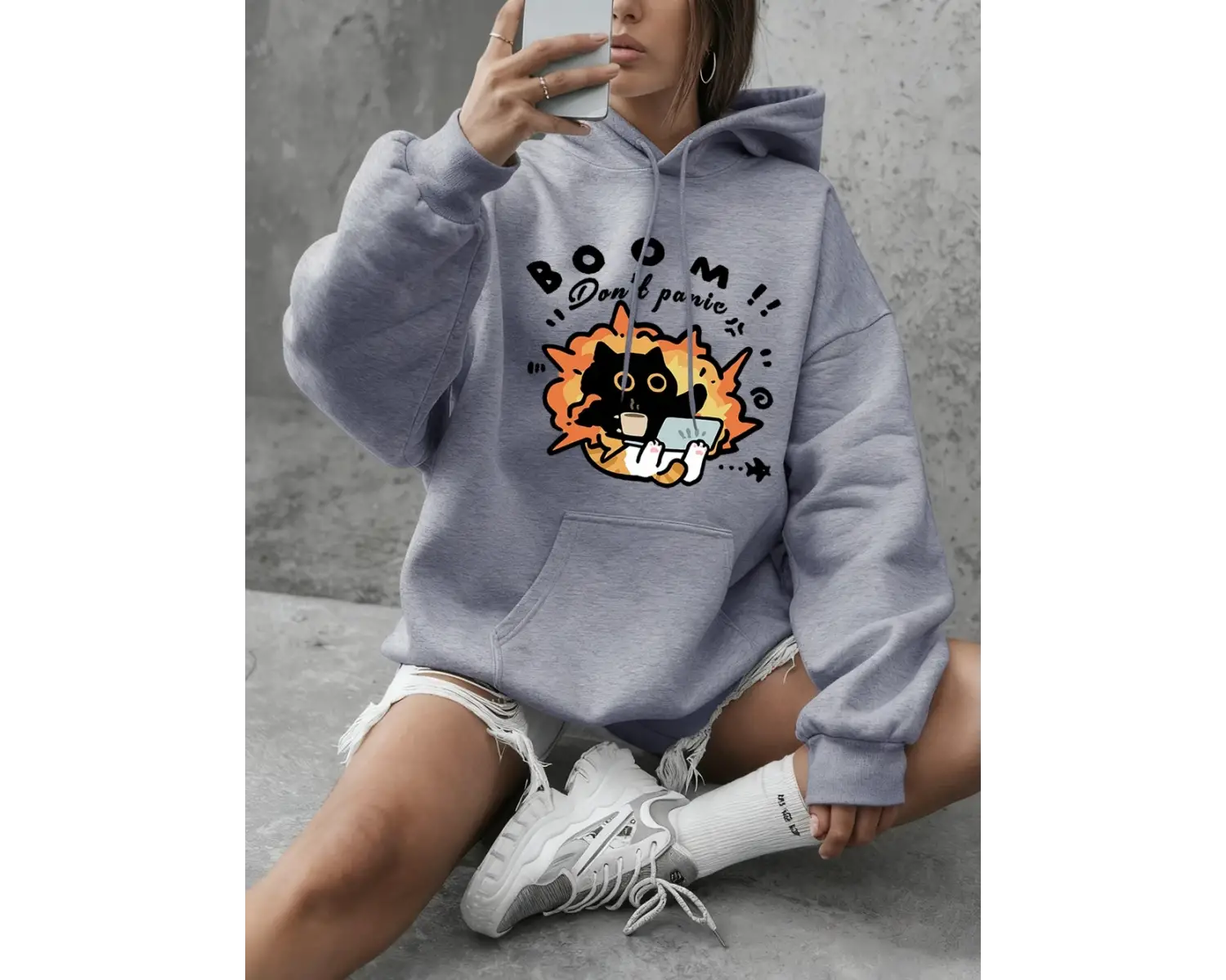 Boom Dont Panic Kedi Baskılı Tişörtü Kadın Kışlık Polar Sıcak Kapüşonlu Üstler Temel Bisikle
