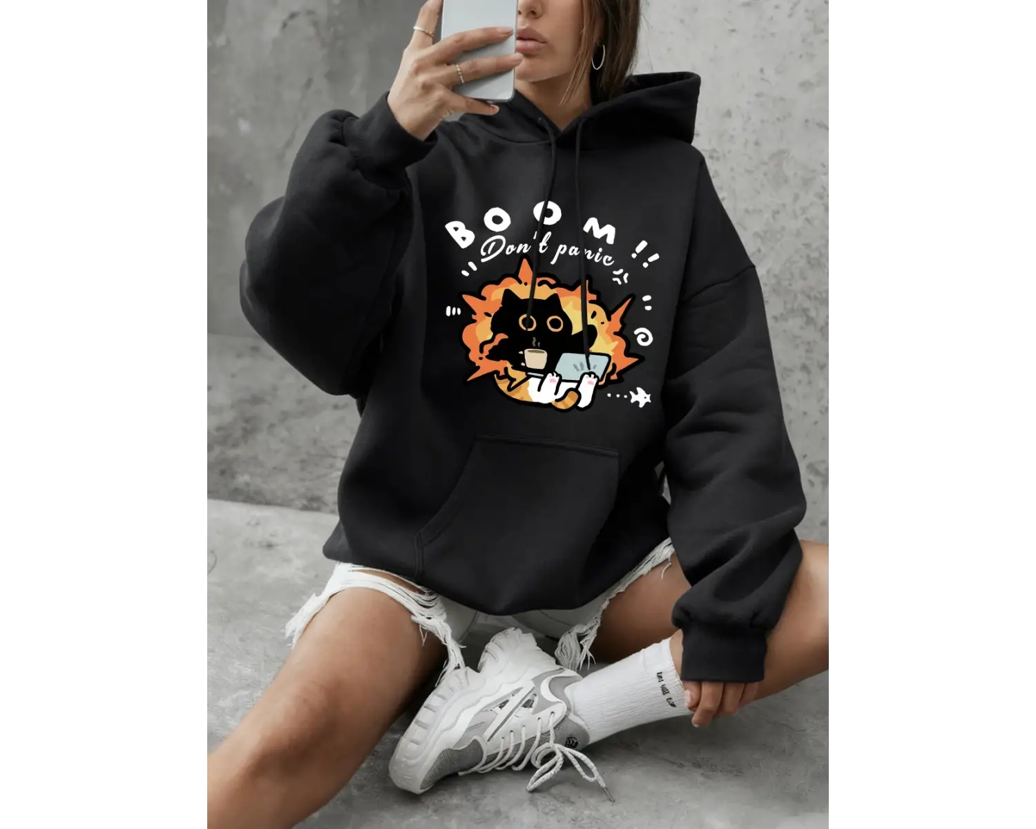 Boom Dont Panic Kedi Baskılı Tişörtü Kadın Kışlık Polar Sıcak Kapüşonlu Üstler Temel Bisikle