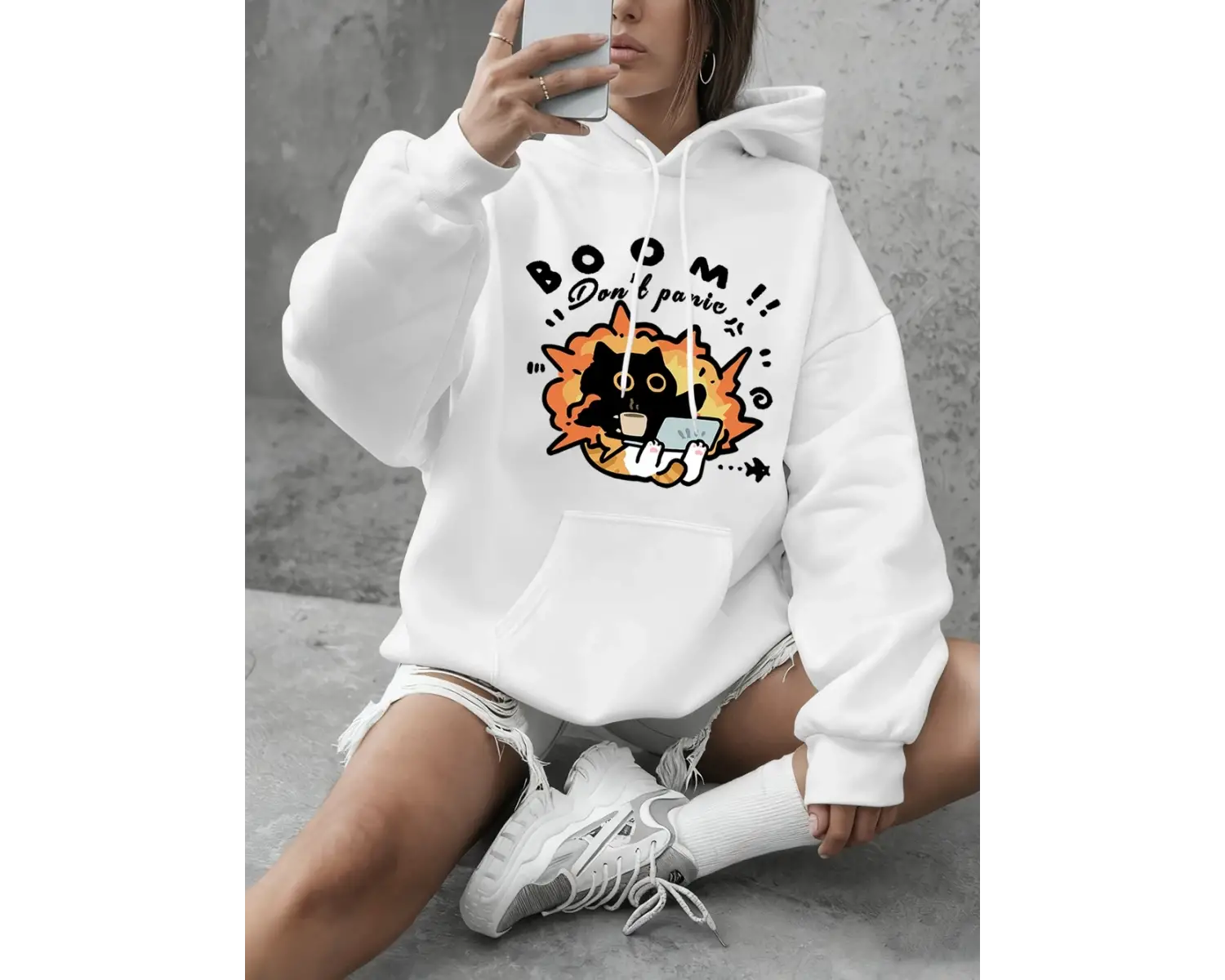 Boom Dont Panic Kedi Baskılı Tişörtü Kadın Kışlık Polar Sıcak Kapüşonlu Üstler Temel Bisikle