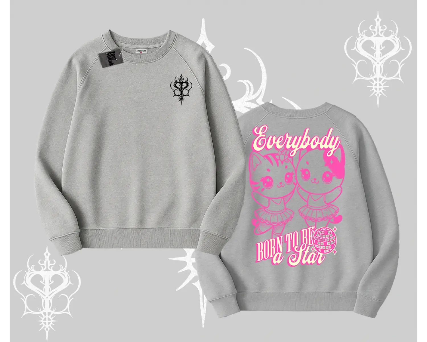 Born to Be a Star Yazılı Sevimli Kedi Arka Baskılı Biskilet Sweatshirt