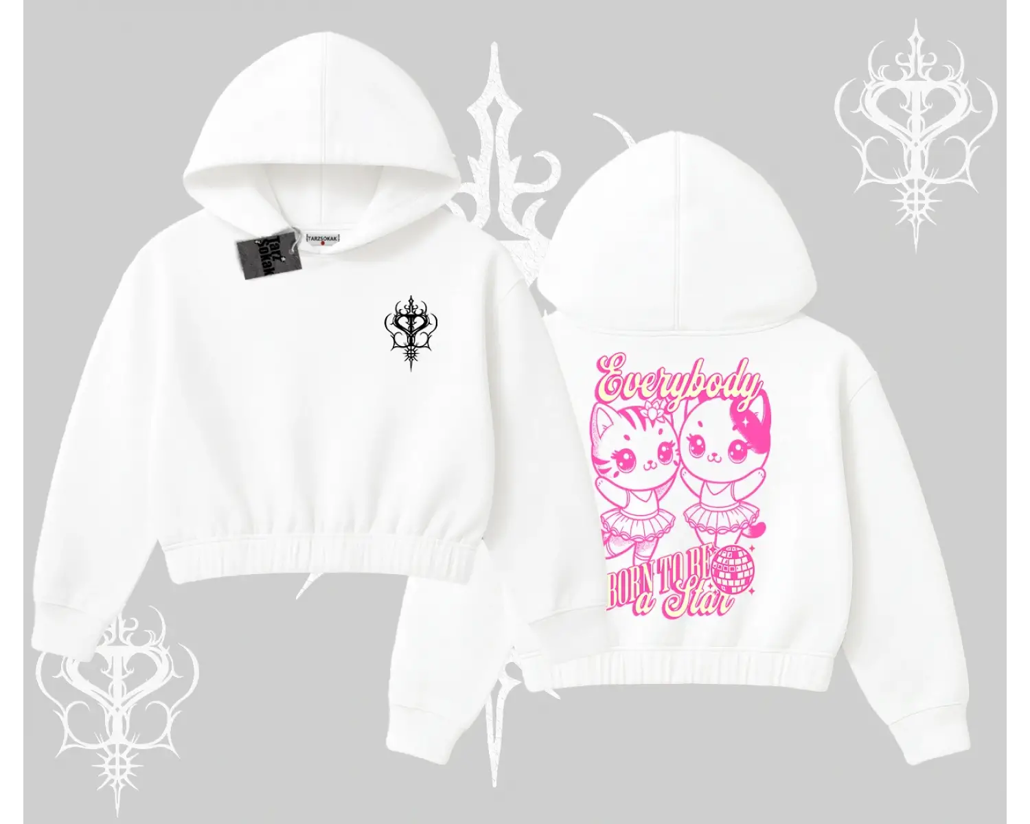 Born to Be a Star Yazılı Sevimli Kedi Arka Baskılı Kapşonlu Crop Sweatshirt