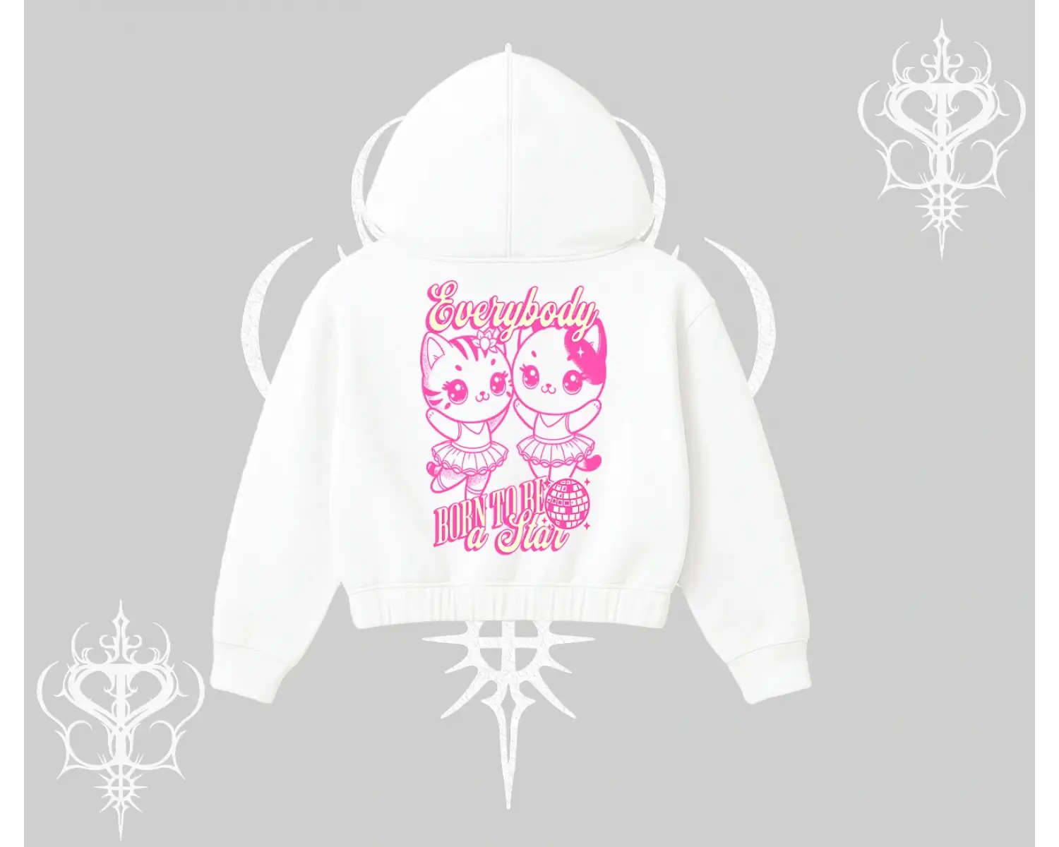 Born to Be a Star Yazılı Sevimli Kedi Arka Baskılı Kapşonlu Crop Sweatshirt