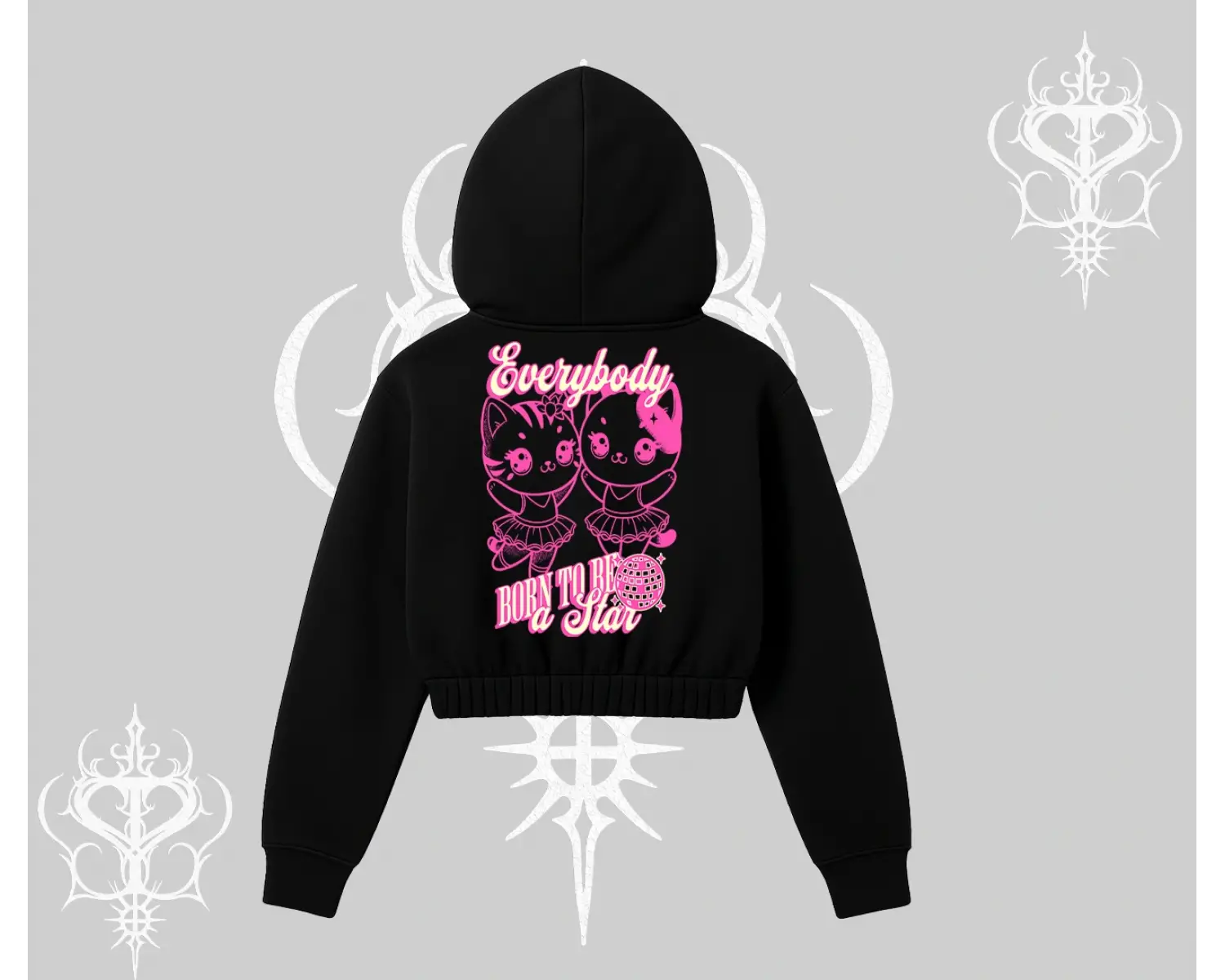 Born to Be a Star Yazılı Sevimli Kedi Arka Baskılı Kapşonlu Crop Sweatshirt