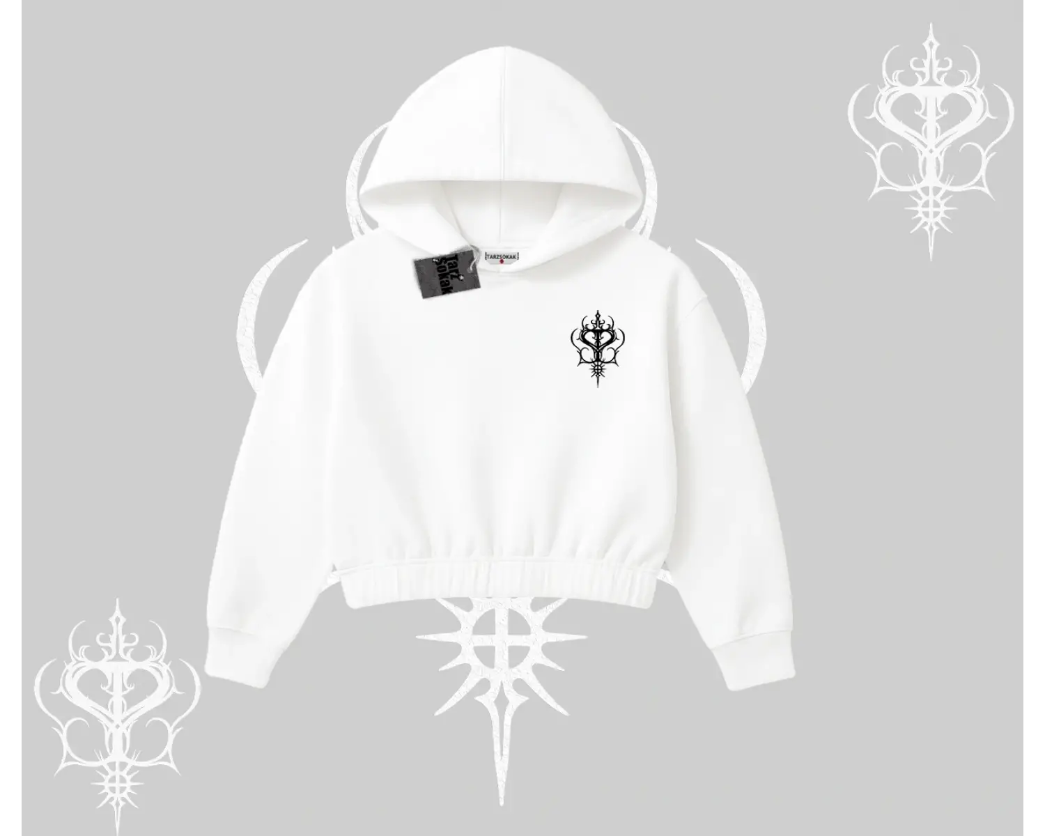 Born to Be a Star Yazılı Sevimli Kedi Arka Baskılı Kapşonlu Crop Sweatshirt