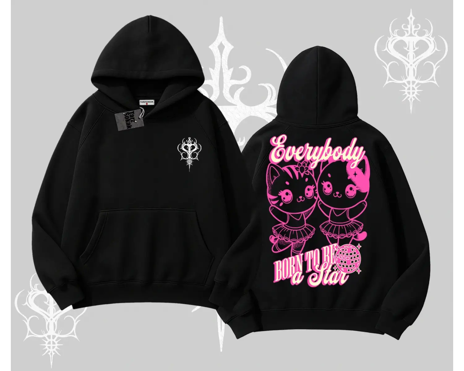 Born to Be a Star Yazılı Sevimli Kedi Arka Baskılı Kapşonlu Sweatshirt