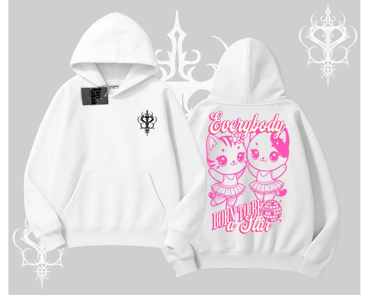 Born to Be a Star Yazılı Sevimli Kedi Arka Baskılı Kapşonlu Sweatshirt