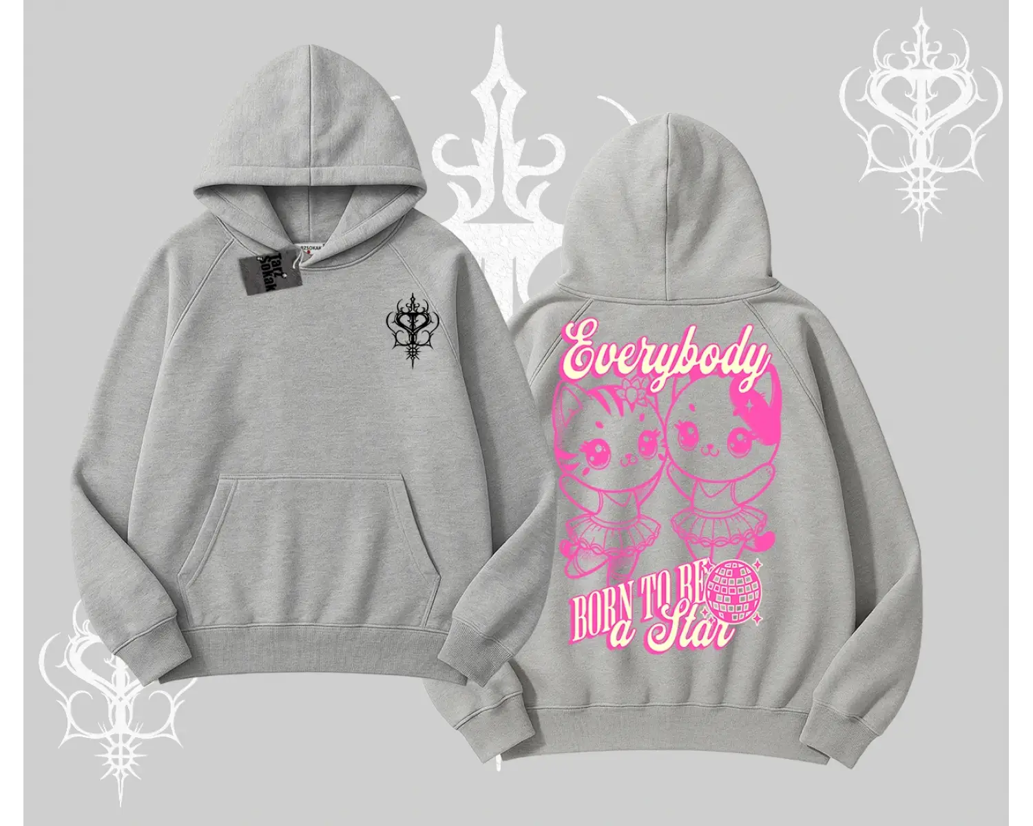 Born to Be a Star Yazılı Sevimli Kedi Arka Baskılı Kapşonlu Sweatshirt