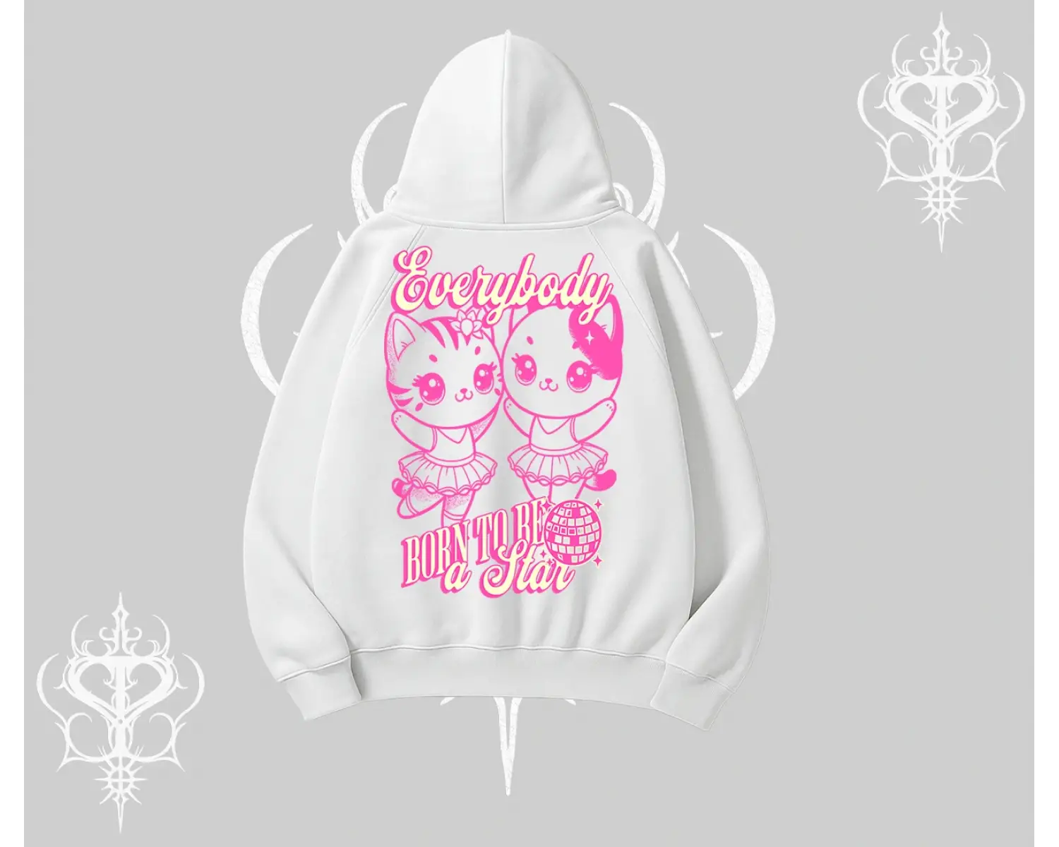 Born to Be a Star Yazılı Sevimli Kedi Arka Baskılı Kapşonlu Sweatshirt