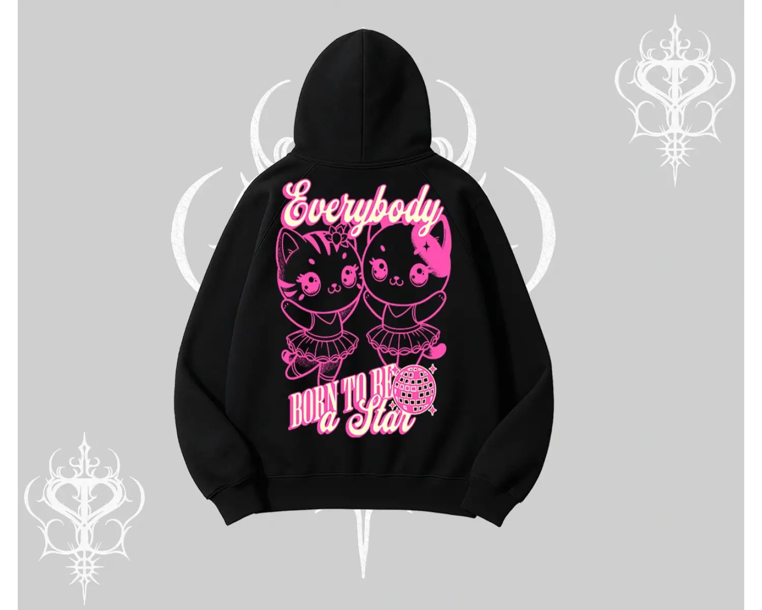 Born to Be a Star Yazılı Sevimli Kedi Arka Baskılı Kapşonlu Sweatshirt