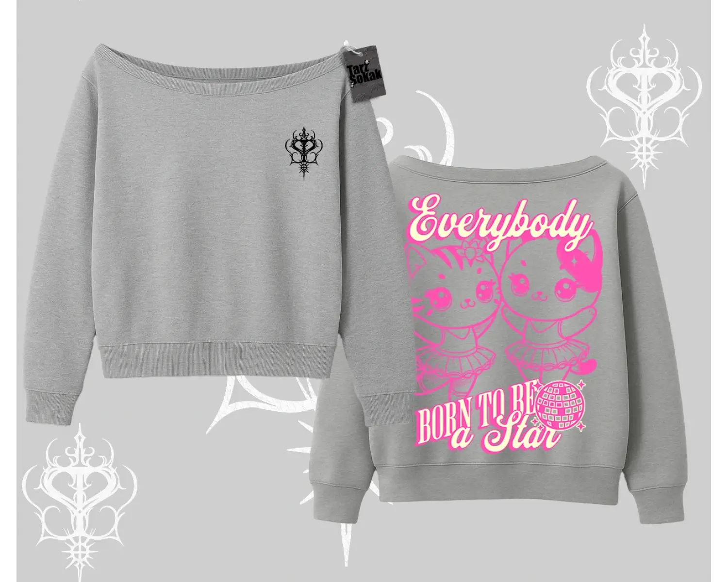 Born to Be a Star Yazılı Sevimli Kedi Arka Baskılı Kayık Yaka Sweatshirt