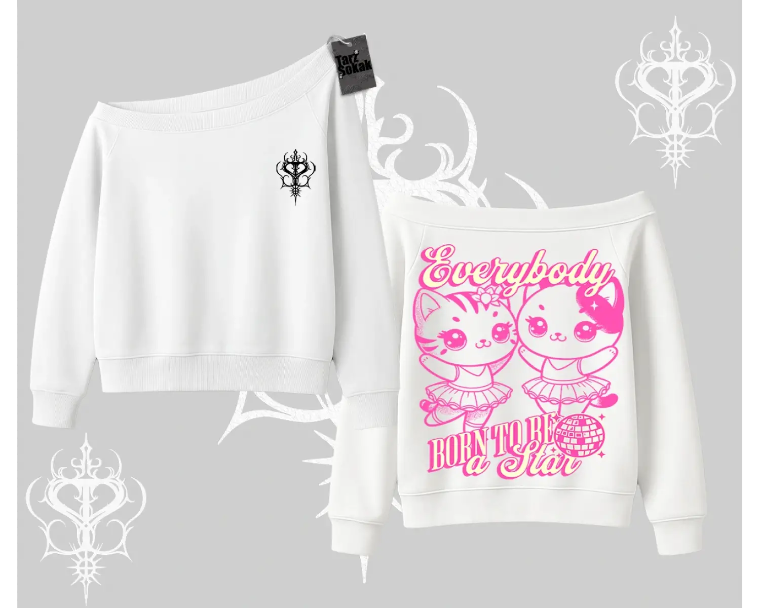 Born to Be a Star Yazılı Sevimli Kedi Arka Baskılı Kayık Yaka Sweatshirt