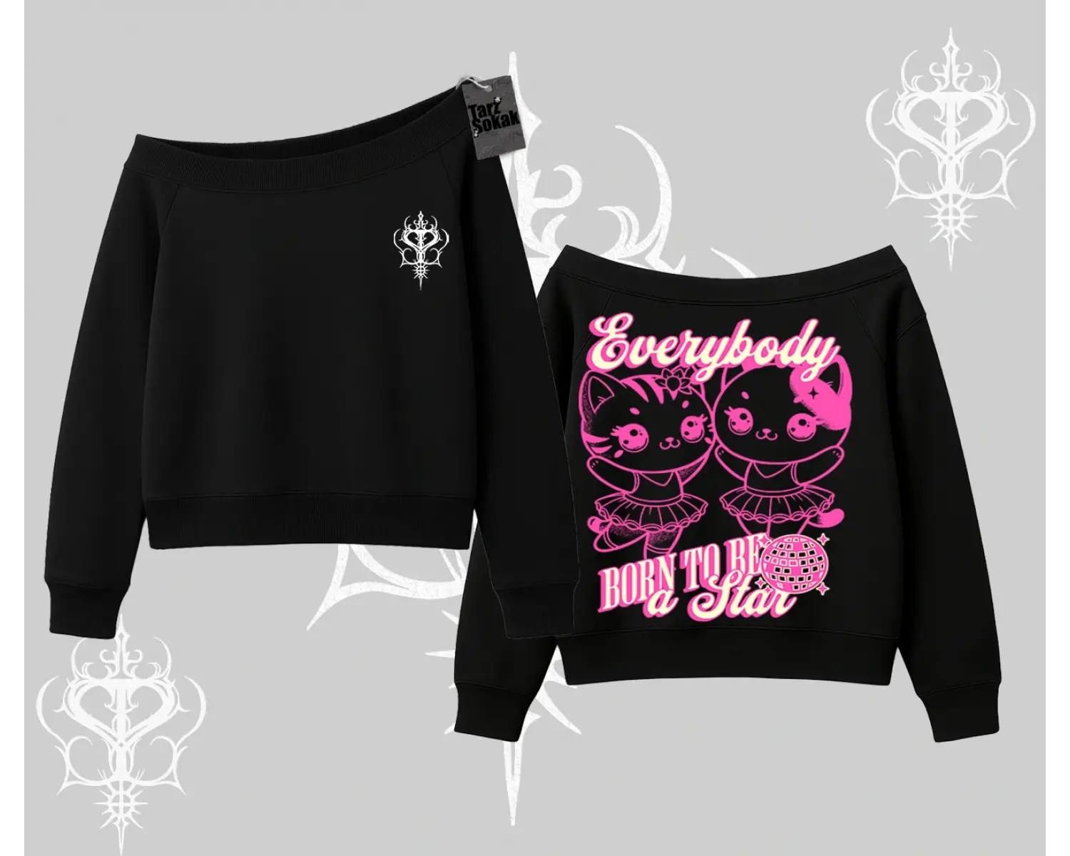 Born to Be a Star Yazılı Sevimli Kedi Arka Baskılı Kayık Yaka Sweatshirt