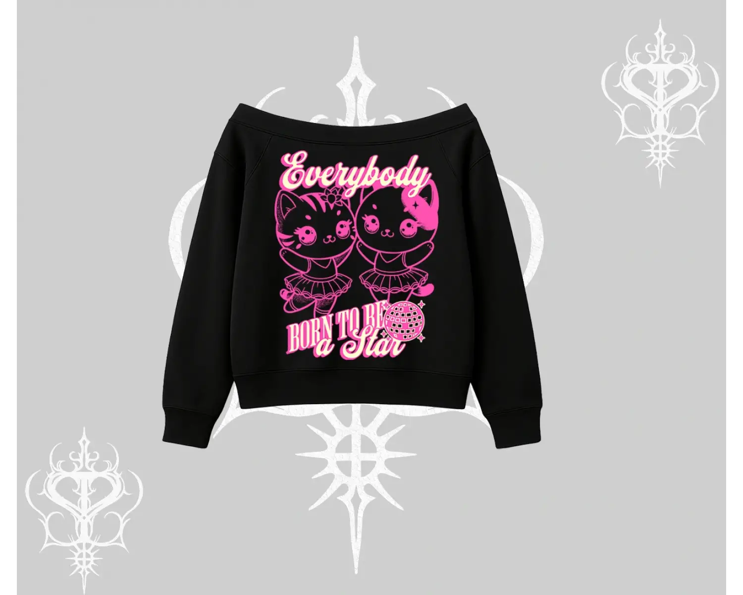 Born to Be a Star Yazılı Sevimli Kedi Arka Baskılı Kayık Yaka Sweatshirt