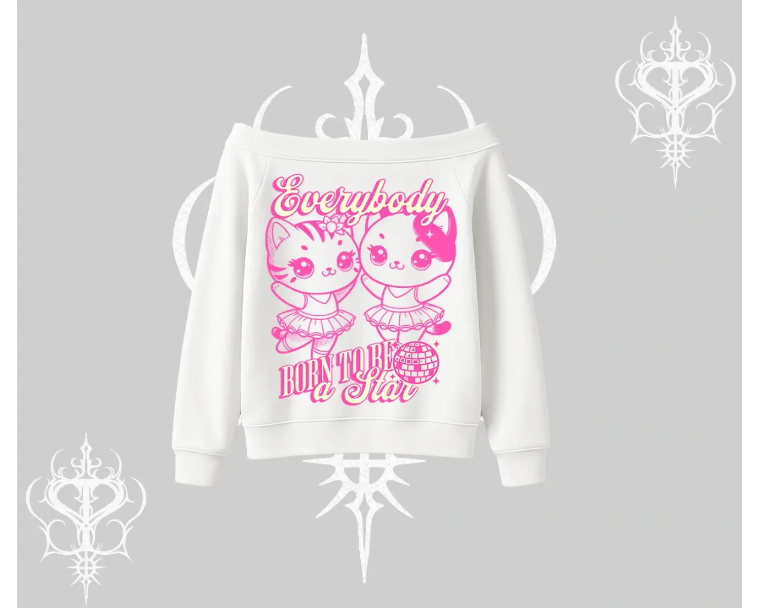 Born to Be a Star Yazılı Sevimli Kedi Arka Baskılı Kayık Yaka Sweatshirt