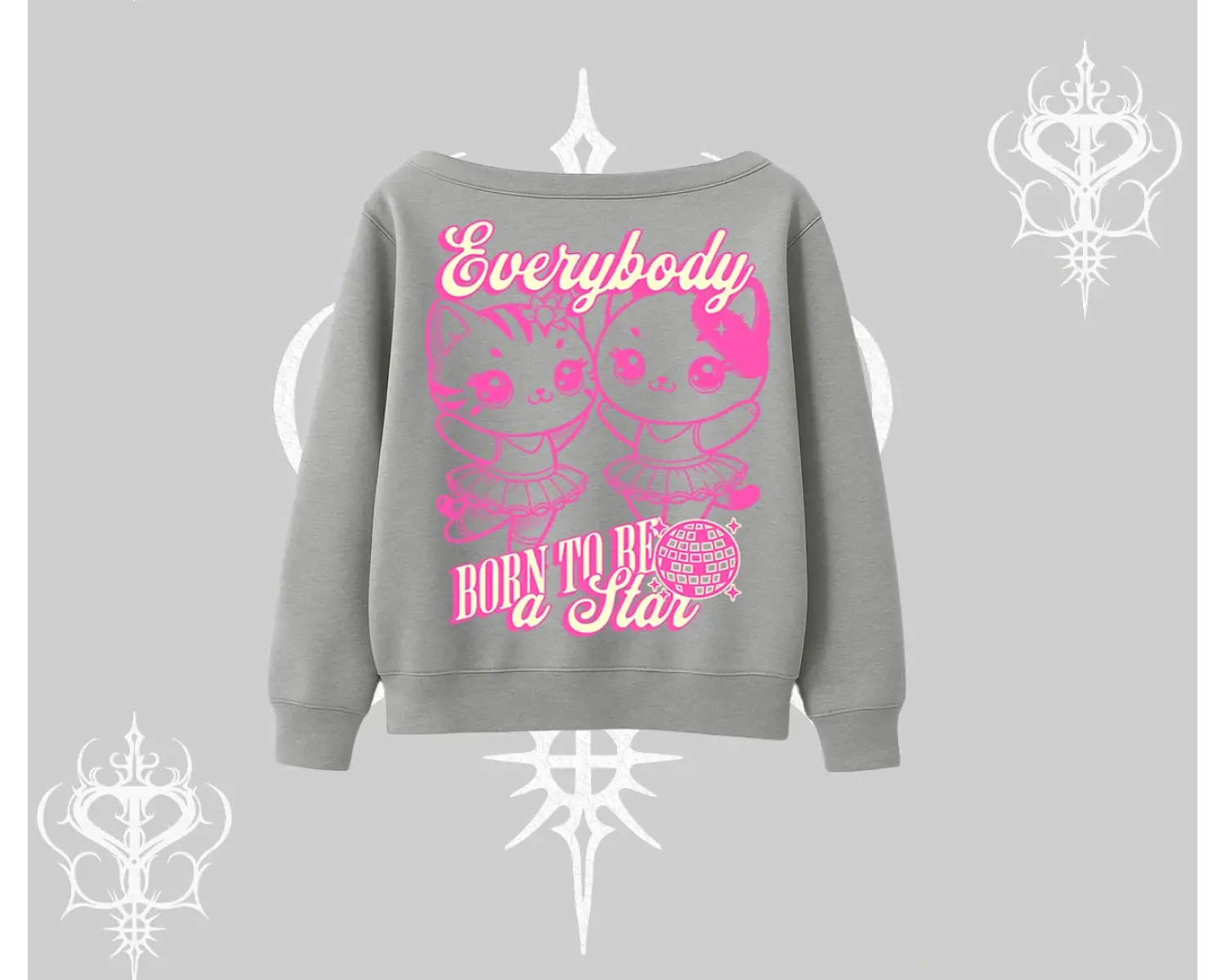 Born to Be a Star Yazılı Sevimli Kedi Arka Baskılı Kayık Yaka Sweatshirt