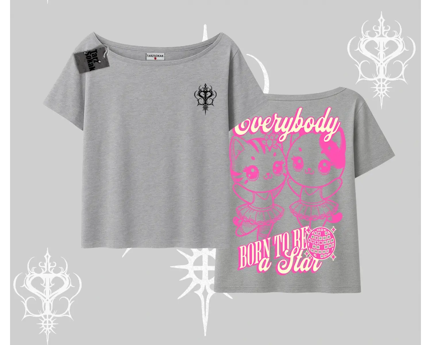 Born to Be a Star Yazılı Sevimli Kedi Arka Baskılı Kayık Yaka Tshirt