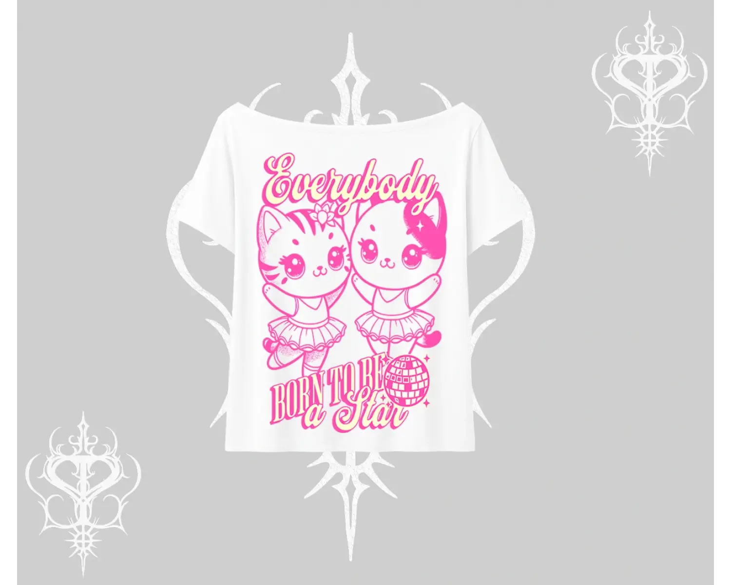 Born to Be a Star Yazılı Sevimli Kedi Arka Baskılı Kayık Yaka Tshirt