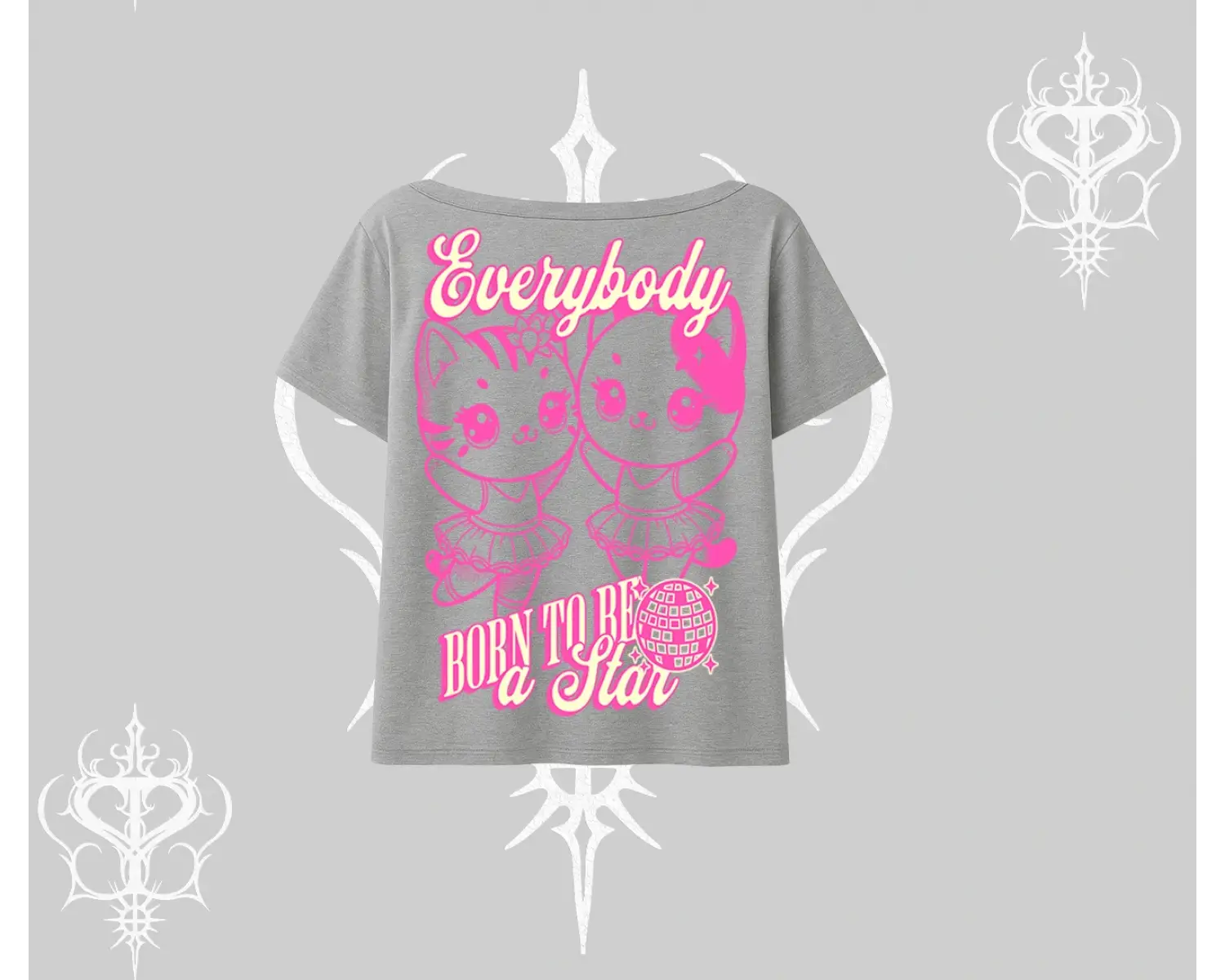 Born to Be a Star Yazılı Sevimli Kedi Arka Baskılı Kayık Yaka Tshirt