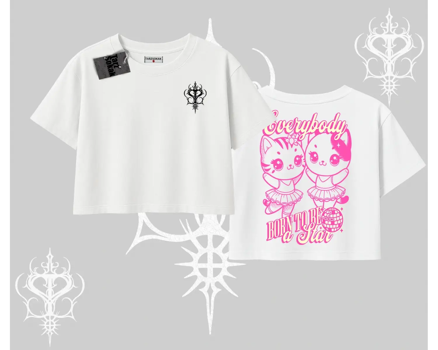 Born to Be a Star Yazılı Sevimli Kedi Arka Baskılı Oversize Crop Tshirt