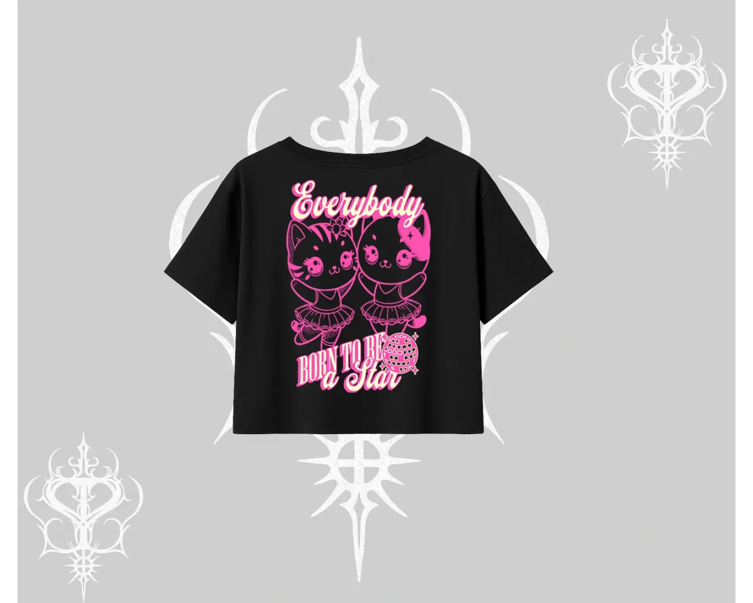 Born to Be a Star Yazılı Sevimli Kedi Arka Baskılı Oversize Crop Tshirt