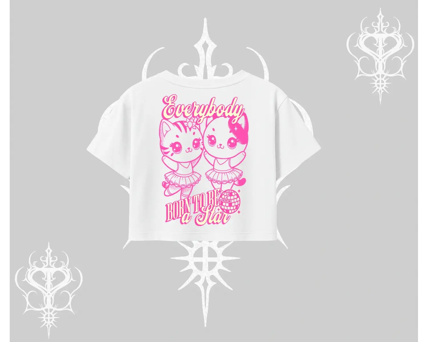 Born to Be a Star Yazılı Sevimli Kedi Arka Baskılı Oversize Crop Tshirt