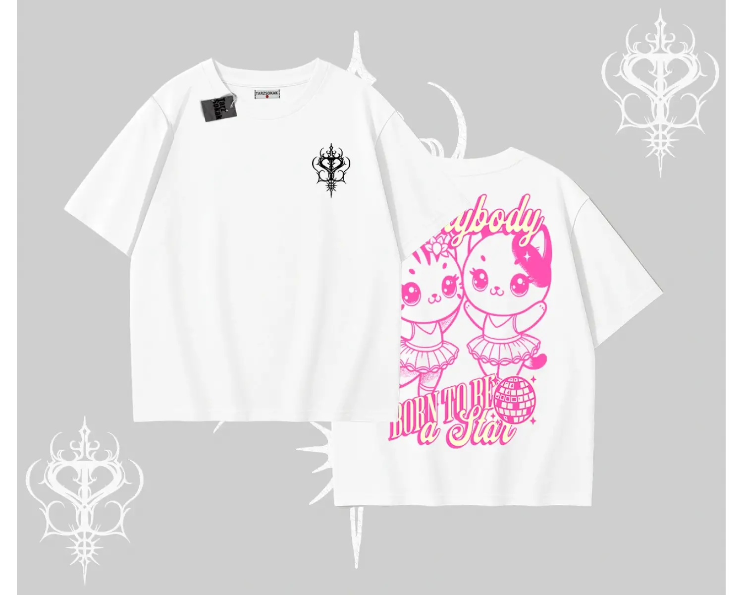 Born to Be a Star Yazılı Sevimli Kedi Arka Baskılı Oversize Tshirt