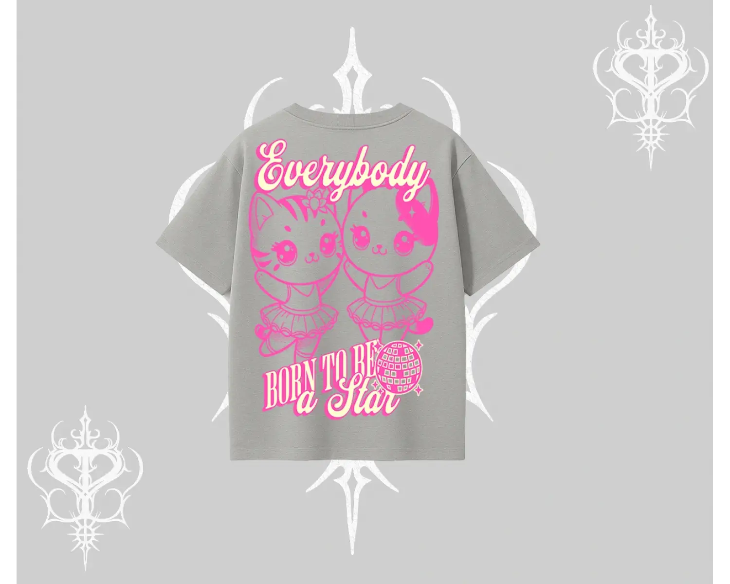 Born to Be a Star Yazılı Sevimli Kedi Arka Baskılı Oversize Tshirt