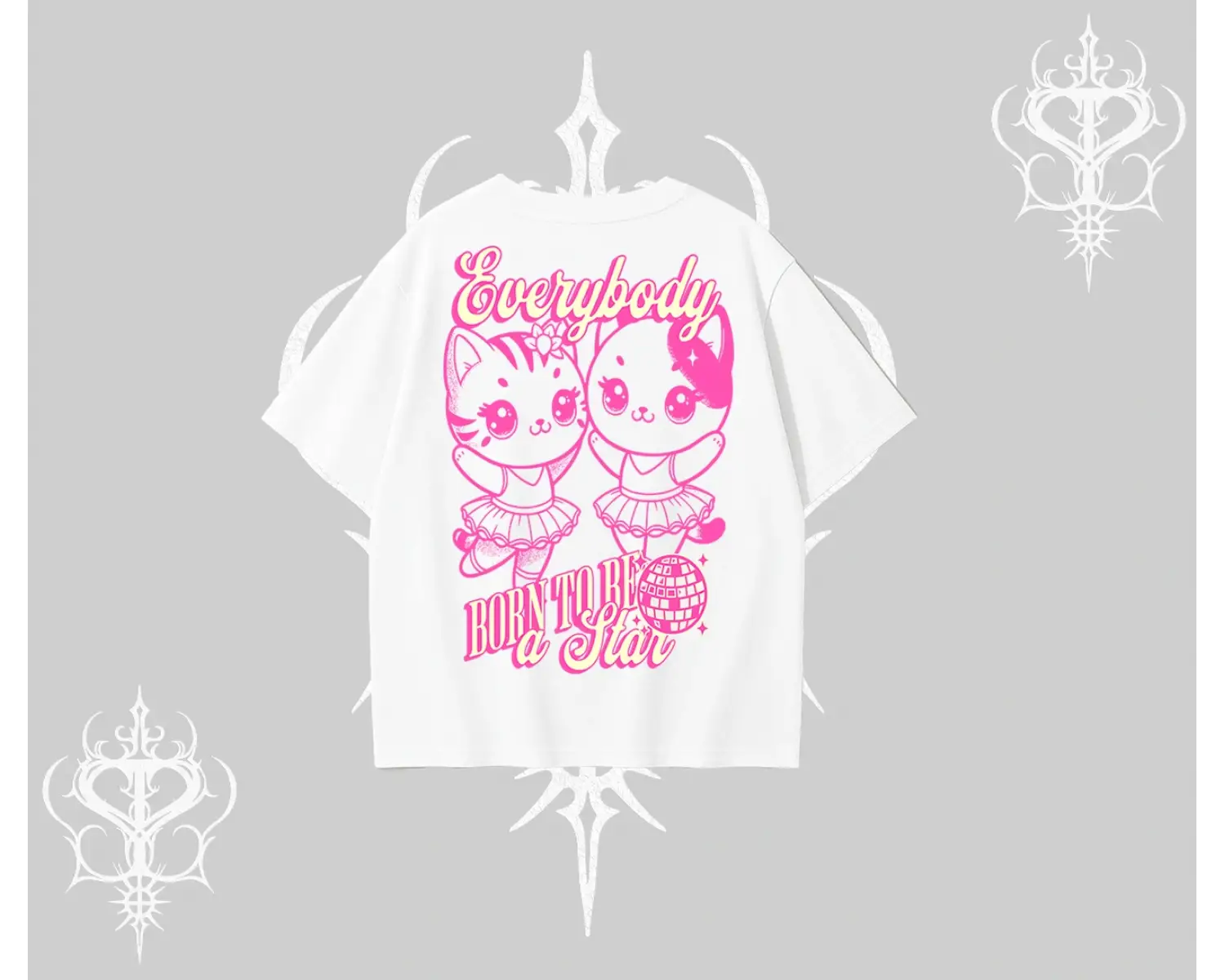 Born to Be a Star Yazılı Sevimli Kedi Arka Baskılı Oversize Tshirt