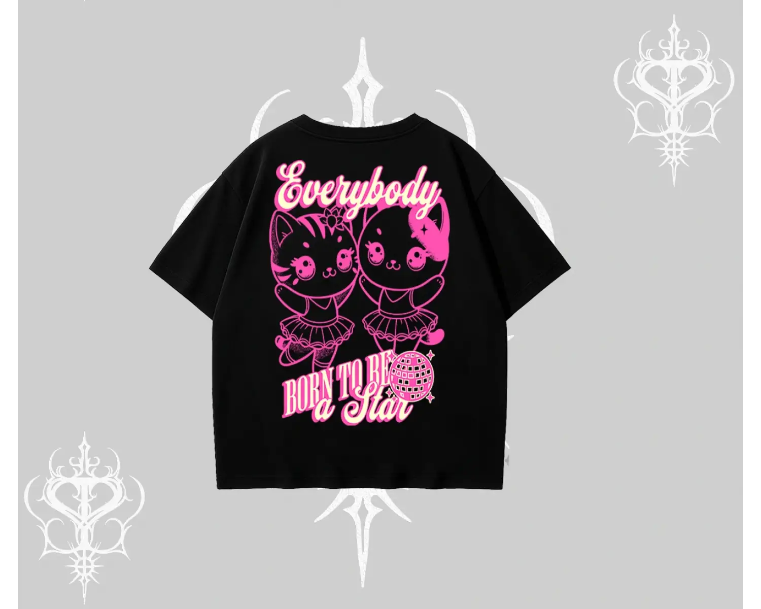 Born to Be a Star Yazılı Sevimli Kedi Arka Baskılı Oversize Tshirt