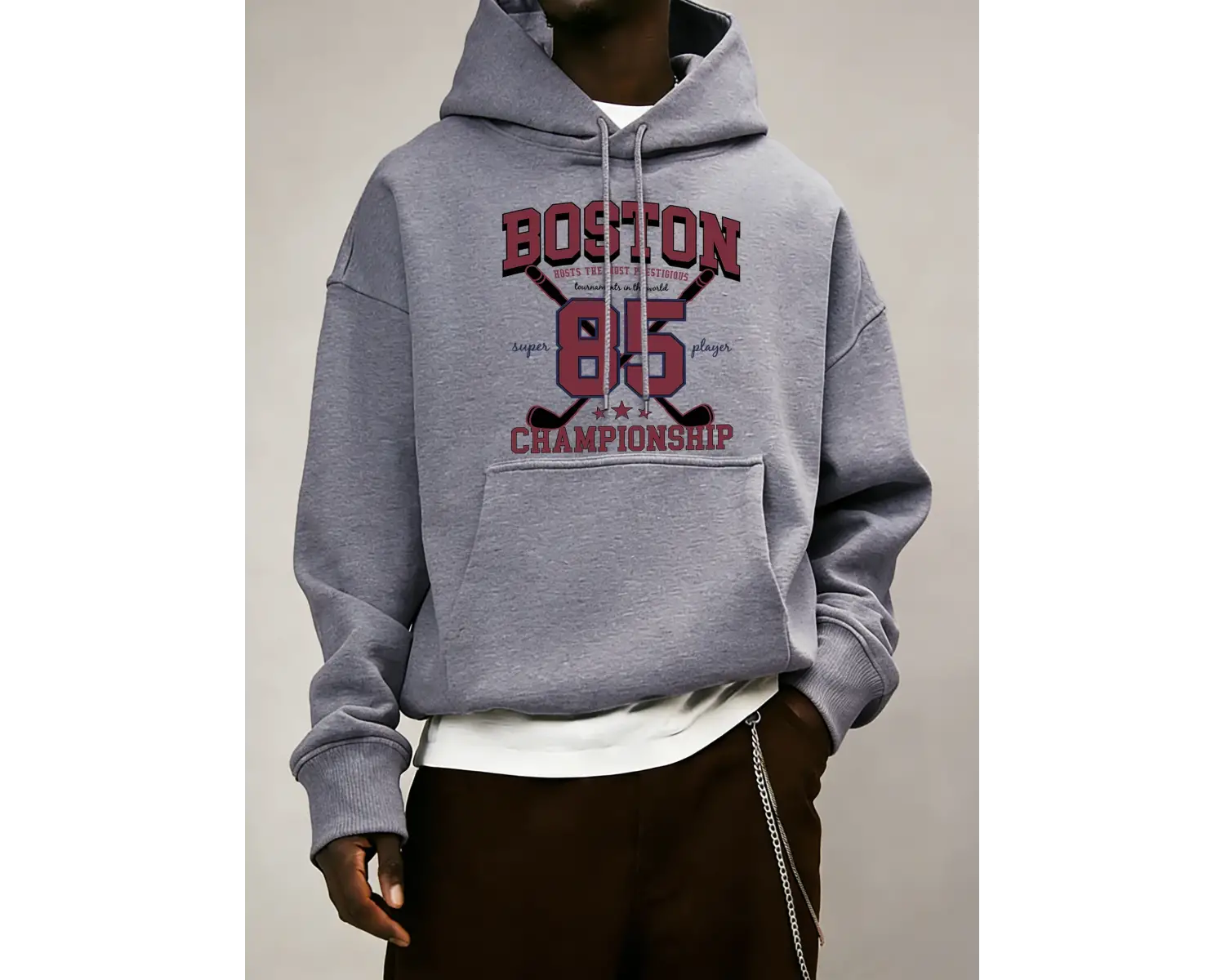 Boston 85 Oyuncular Şampiyonası Desen Erkekler Kapüşonlular Polar Gevşek Kazak Tüm Maç Trendy