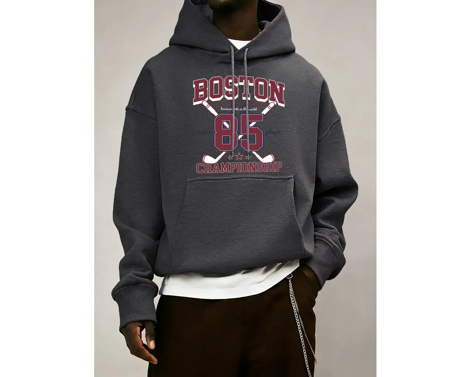 Boston 85 Oyuncular Şampiyonası Desen Erkekler Kapüşonlular Polar Gevşek Kazak Tüm Maç Trendy