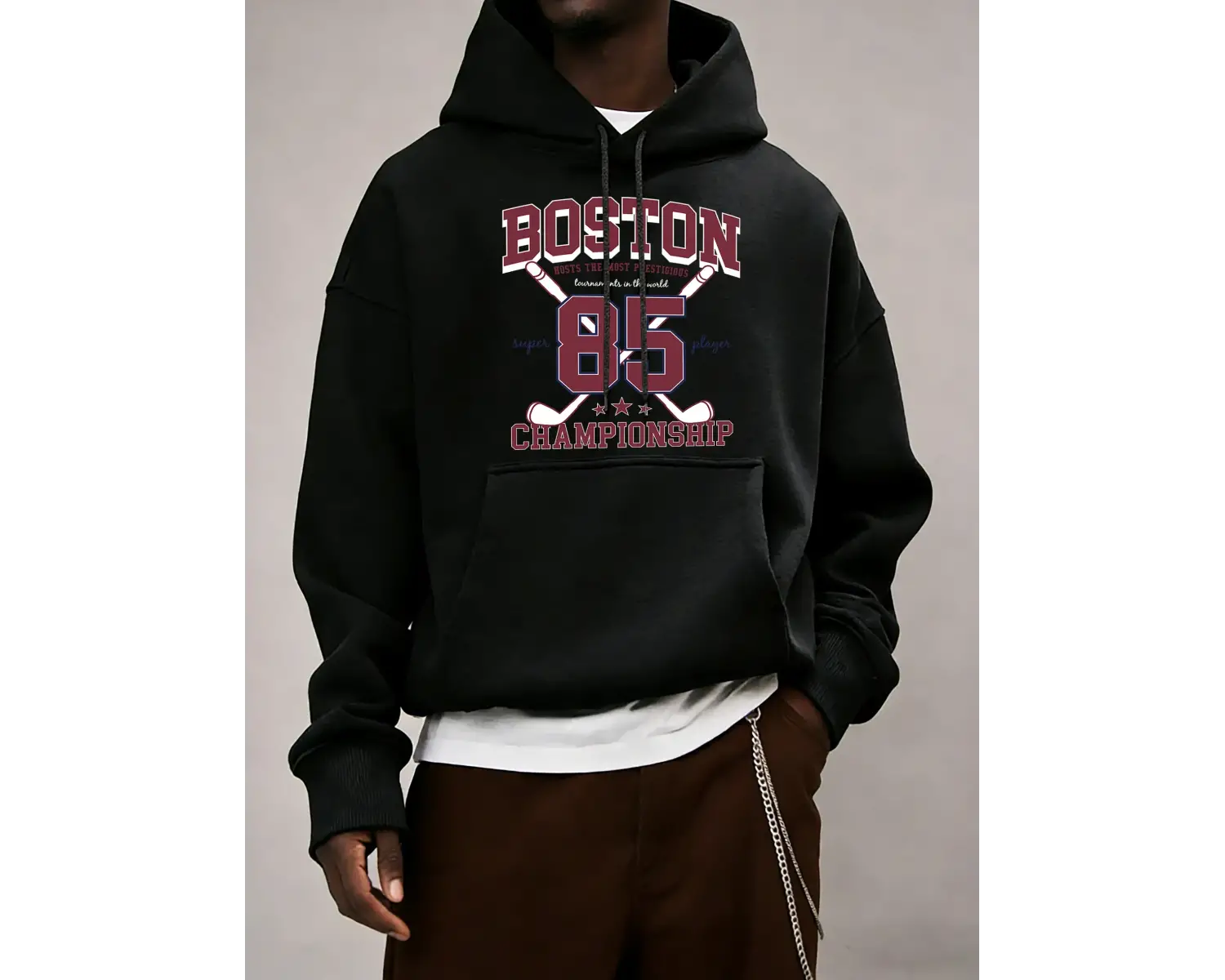 Boston 85 Oyuncular Şampiyonası Desen Erkekler Kapüşonlular Polar Gevşek Kazak Tüm Maç Trendy