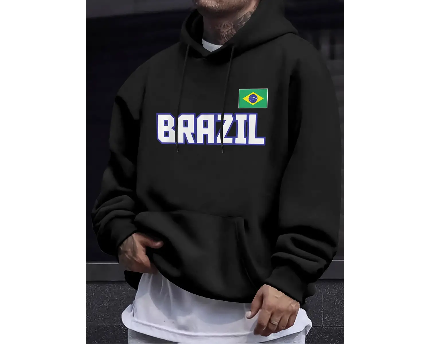 Brezilya Harfli ve Bayraklı Baskılı Eşofman Erkek Sonbahar Günlük Kapüşonlu Sokak Stili Polar