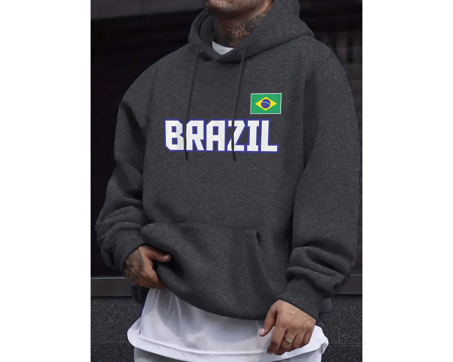 Brezilya Harfli ve Bayraklı Baskılı Eşofman Erkek Sonbahar Günlük Kapüşonlu Sokak Stili Polar