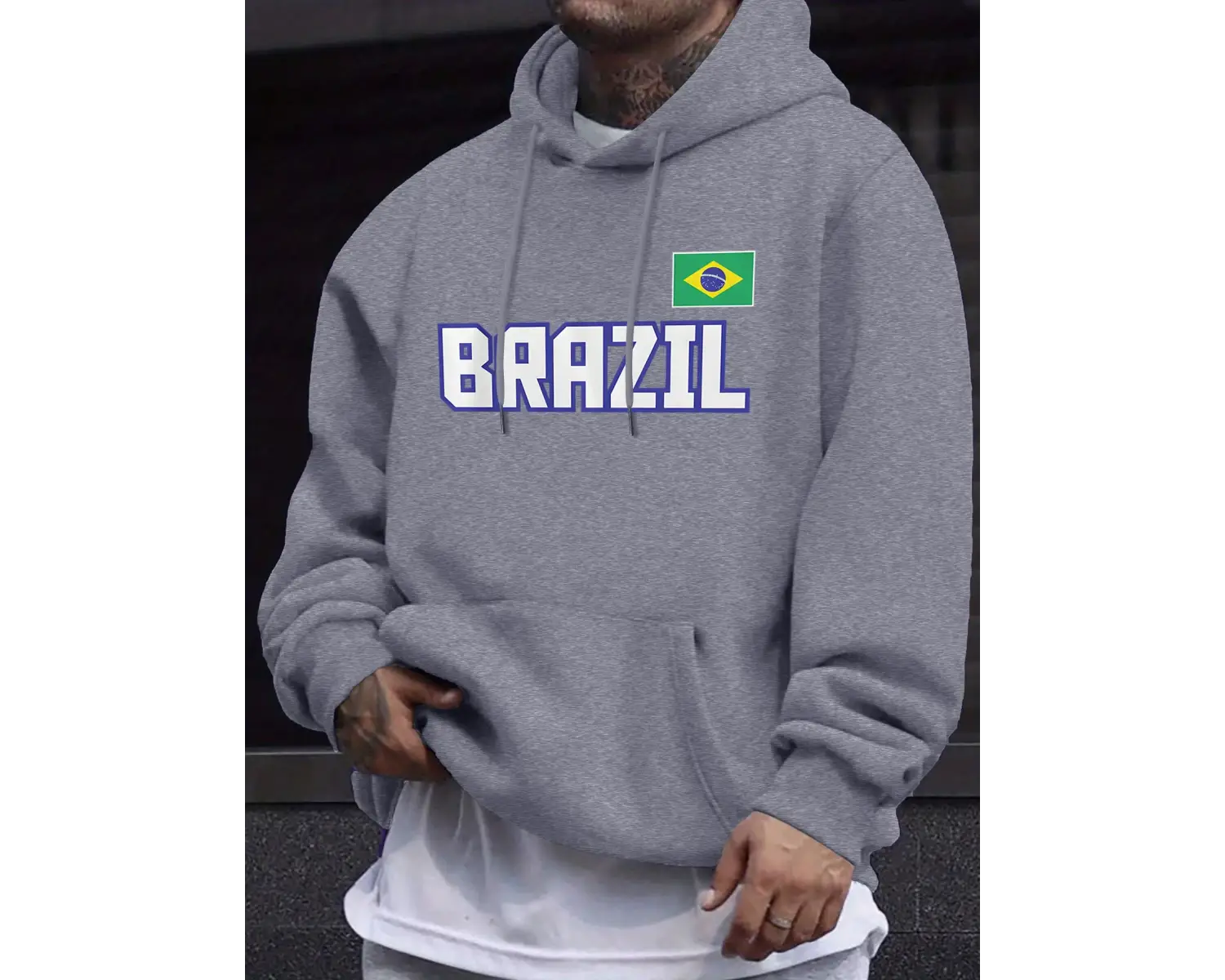 Brezilya Harfli ve Bayraklı Baskılı Eşofman Erkek Sonbahar Günlük Kapüşonlu Sokak Stili Polar