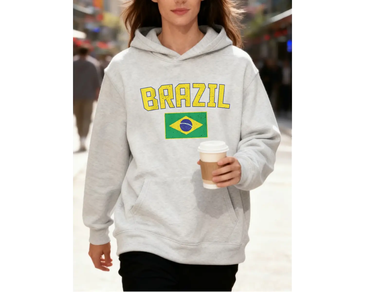 Brezilya Mektup Ve Bayrak Baskı Kapüşonlular Pamuk Kadın Koşu Cep Kazak Sportif Gevşek Tişört
