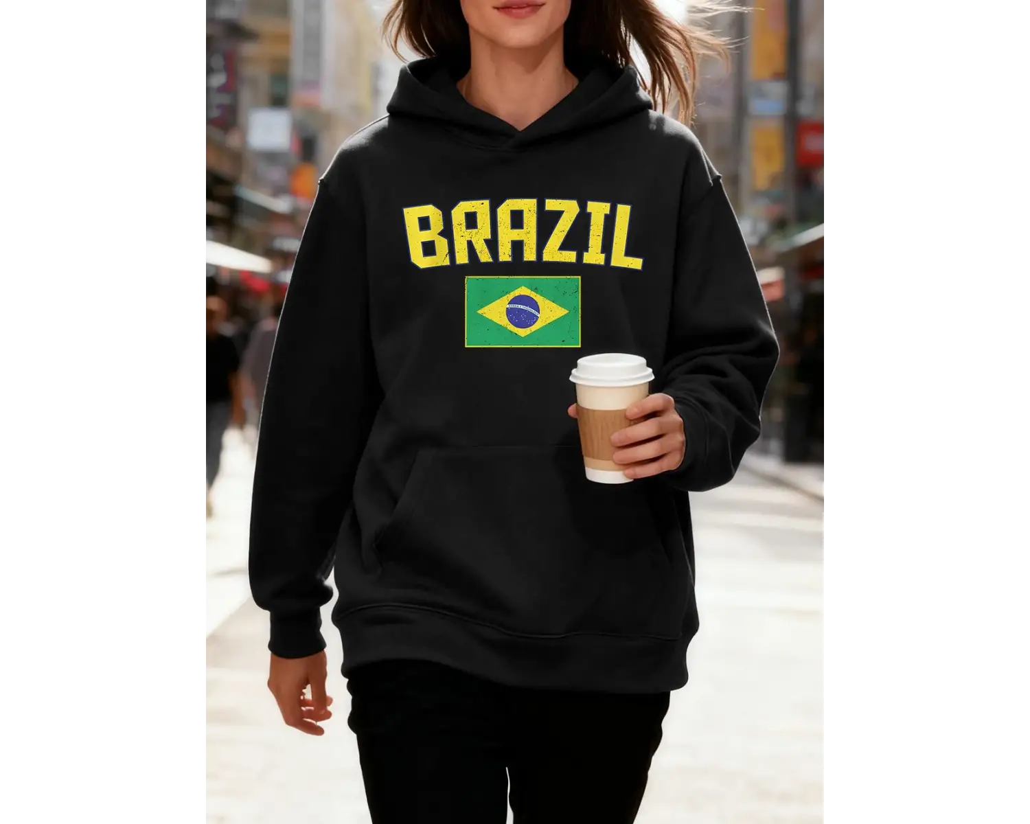 Brezilya Mektup Ve Bayrak Baskı Kapüşonlular Pamuk Kadın Koşu Cep Kazak Sportif Gevşek Tişört